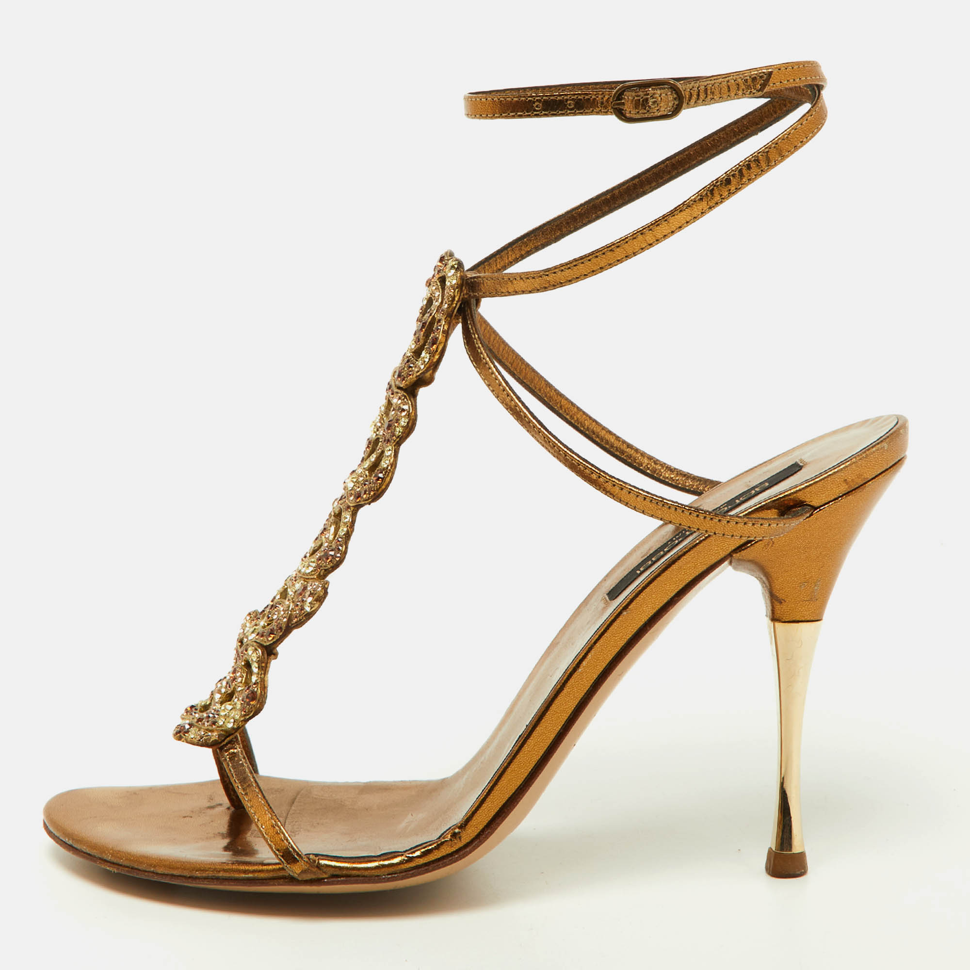 Sergio rossi louis vuitton metallic gold leather crystal embellished ankle strap sandals size 37.5