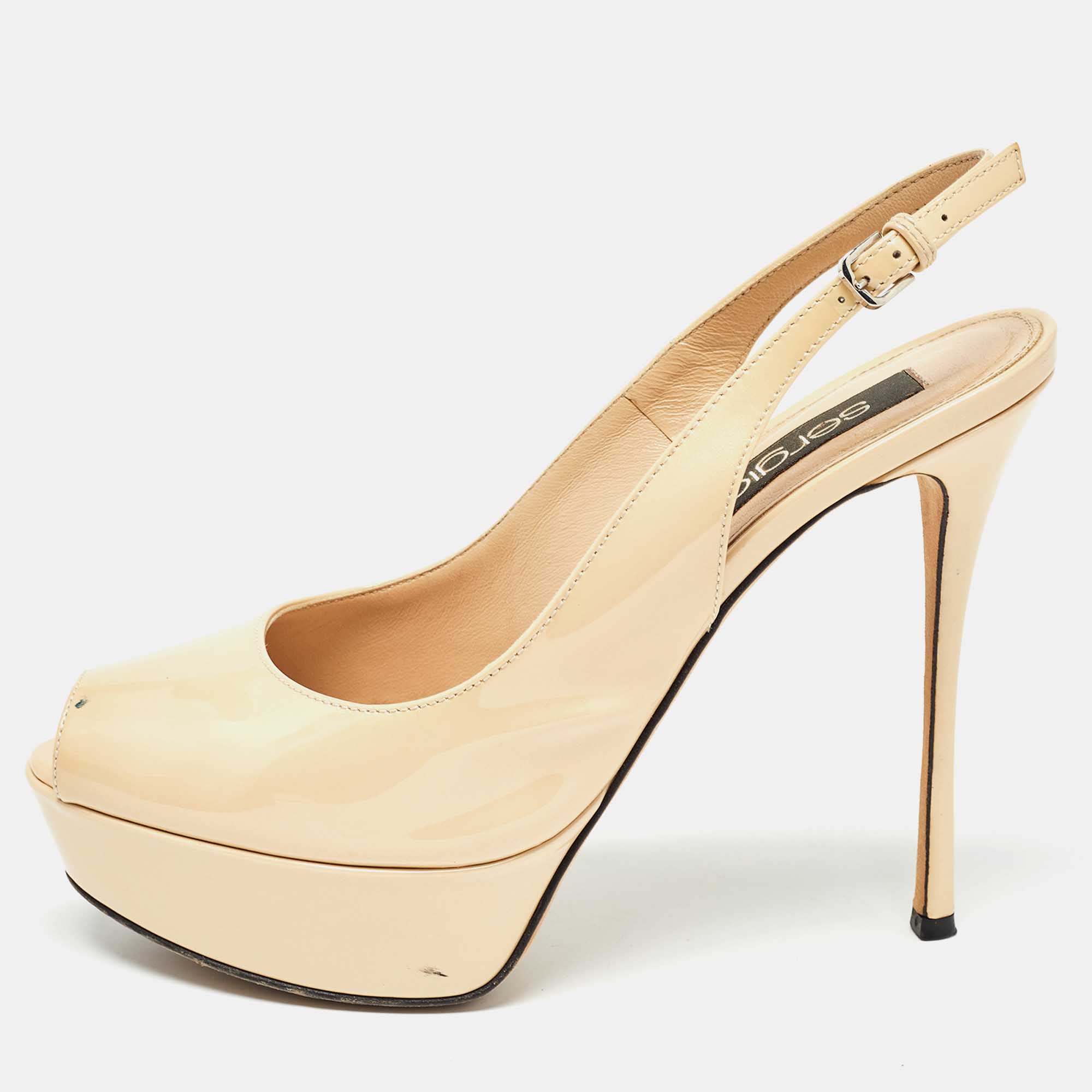 Sergio rossi beige patent leather peep toe slingback pumps size 36