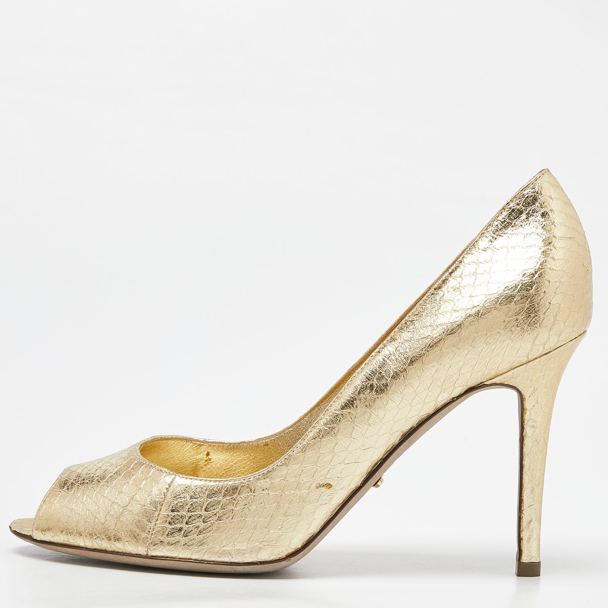 

Sergio Rossi Gold Watersnake Leather Peep Toe Pumps Size