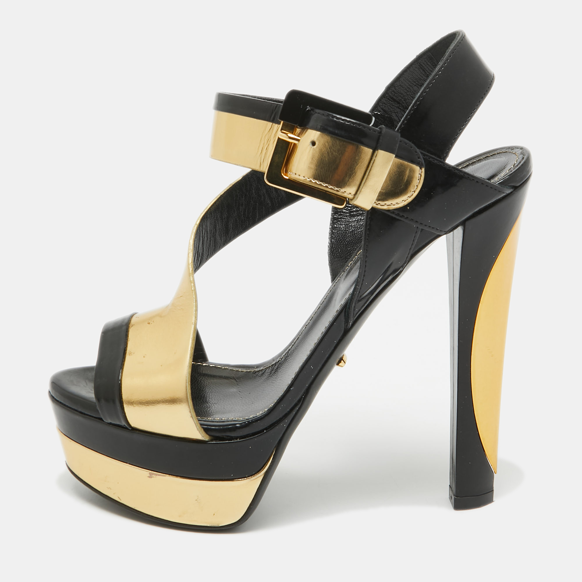 Sergio rossi black/gold leather platform ankle strap sandals size 35.5