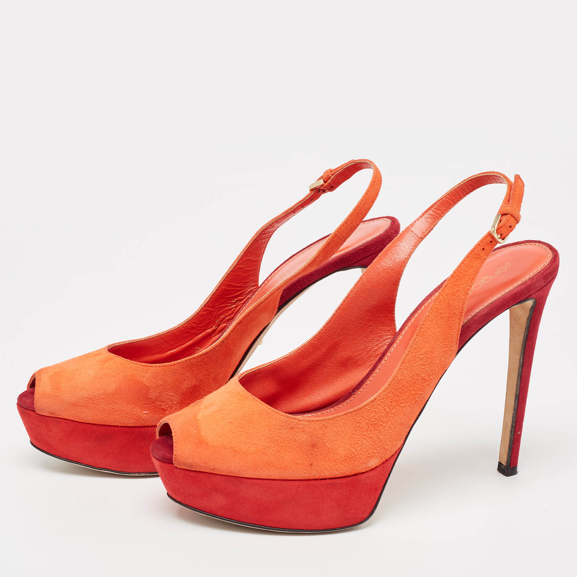 Sergio Rossi Orange Suede Peep Toe Platform Slingback Pumps Size 38