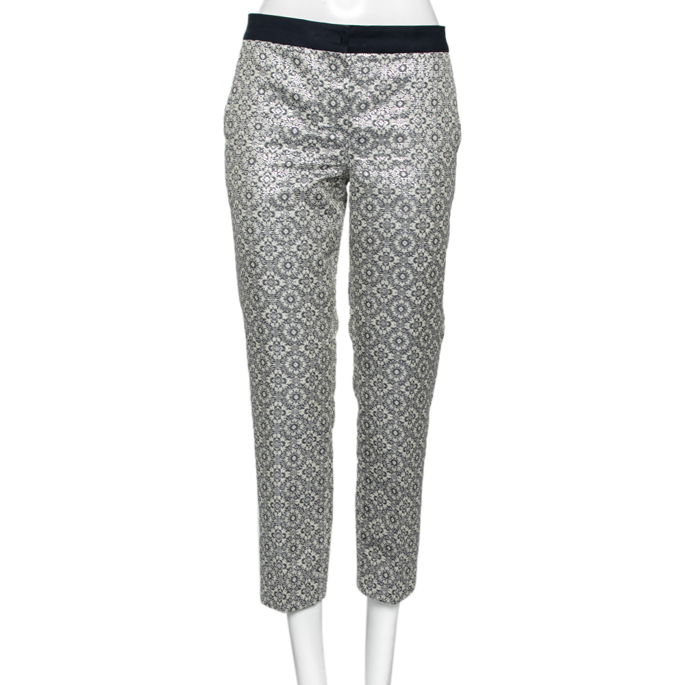 'S Max Mara Silver Floral Patterned Brocade Tapered Leg Trousers M