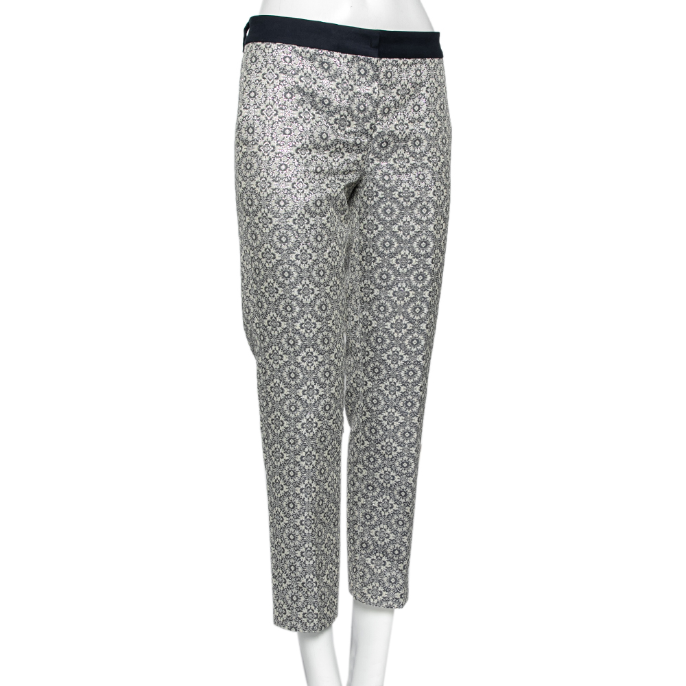 'S Max Mara Silver Floral Patterned Brocade Tapered Leg Trousers M