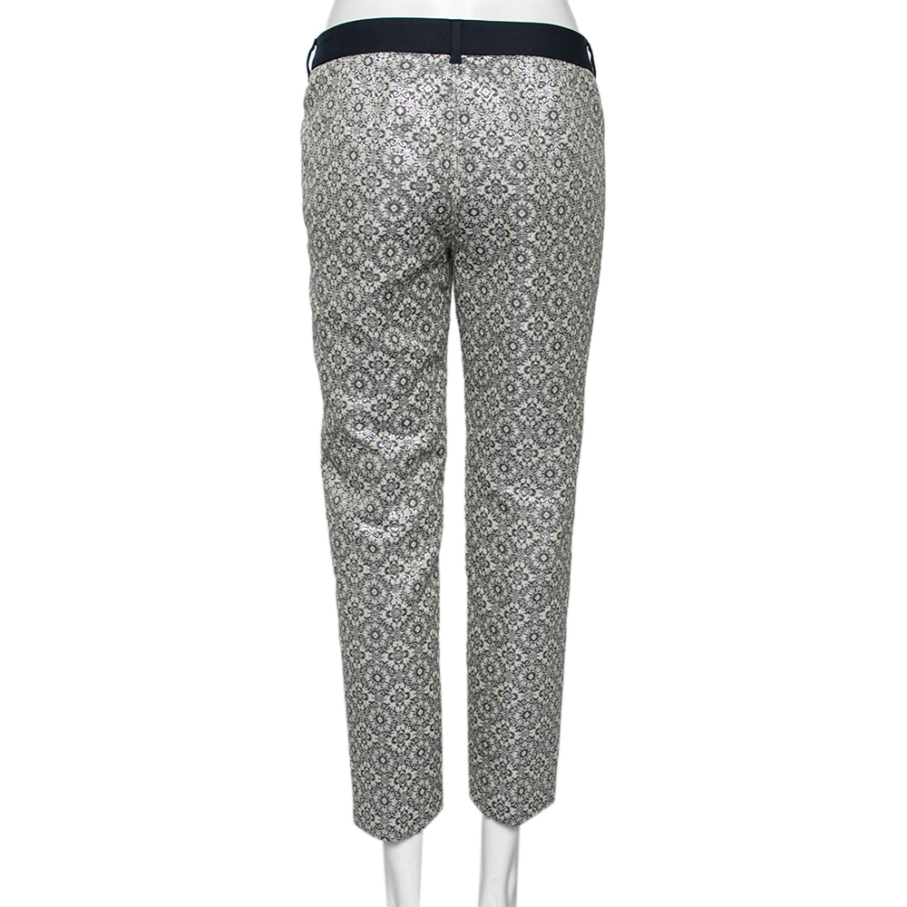 'S Max Mara Silver Floral Patterned Brocade Tapered Leg Trousers M