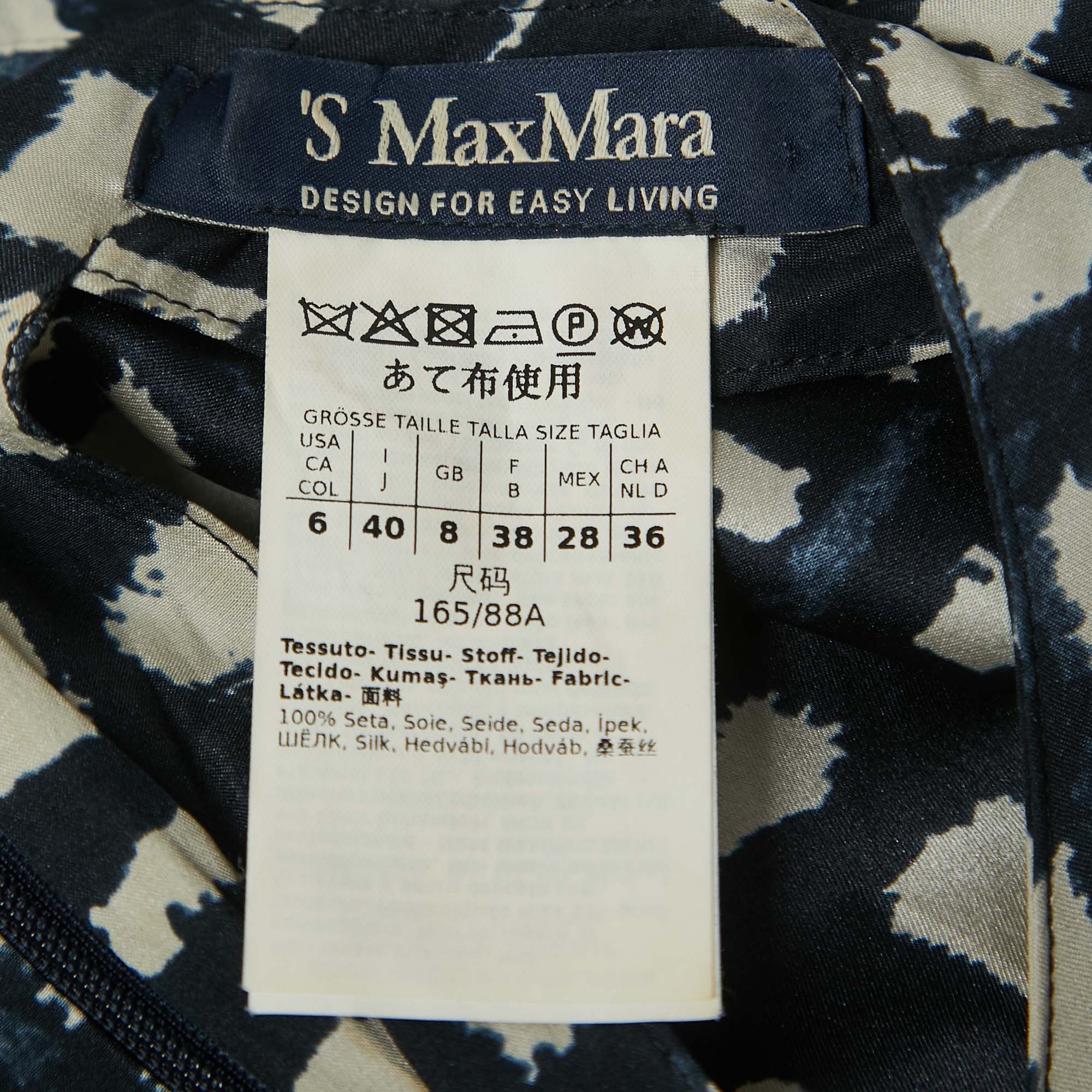 S'Max Mara Navy Blue Print Silk Pleated Midi Dress S