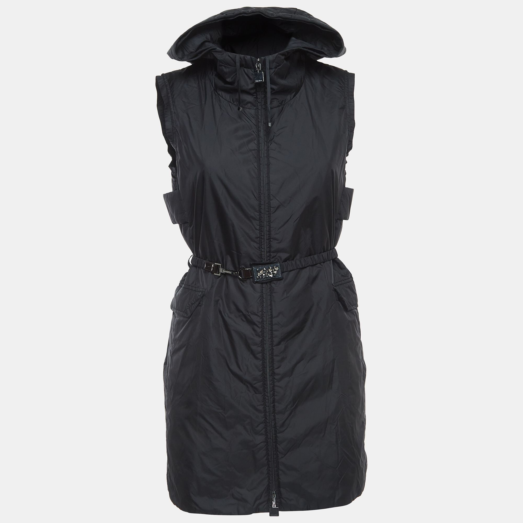 S'Max Mara Black Nylon Zip Front Hooded Timeless Vest S