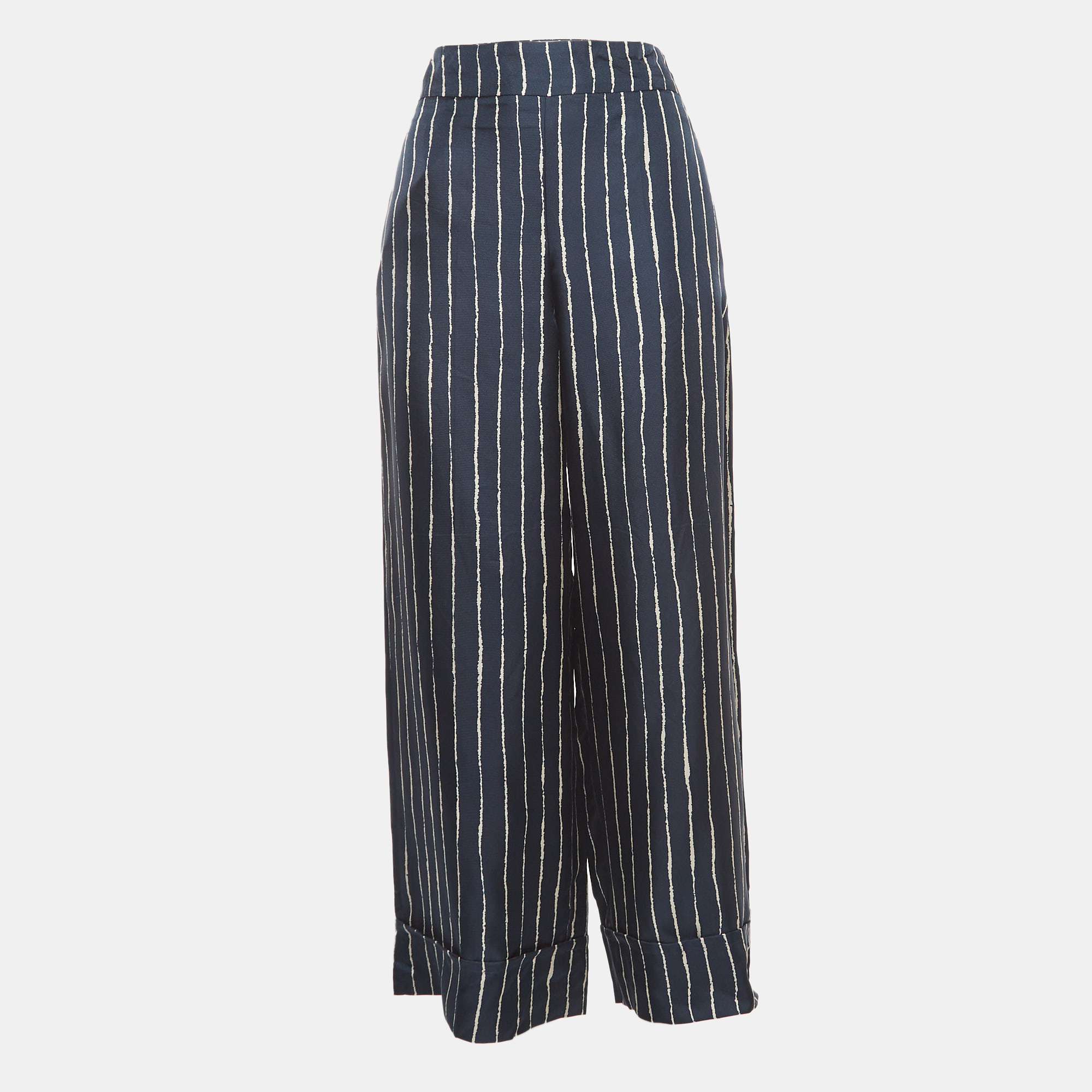 S'Max Mara Navy Blue Striped Silk Wide Leg Trousers S