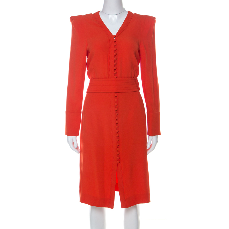 Image of Sonia Rykiel Orange Crepe Button Front Power Shoulder Belted Dress L