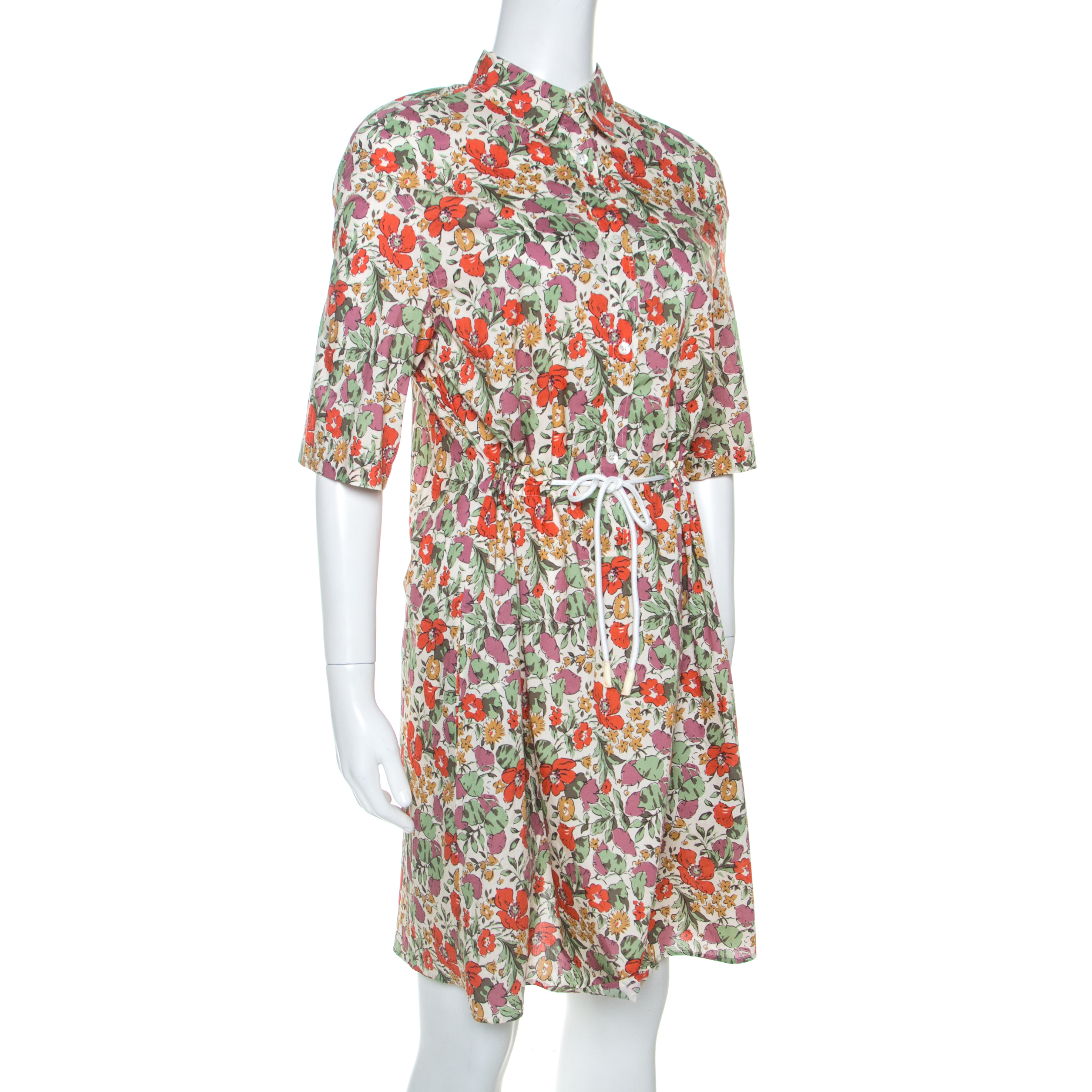 

Sonia Rykiel Multicolor Floral Printed Cotton Waist Tie Detail Shirt Dress