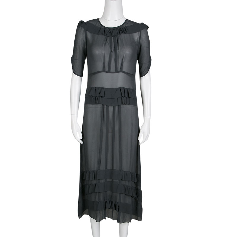

Sonia Rykiel Grey Silk Georgette Ruffle Detail Sheer Midi Dress