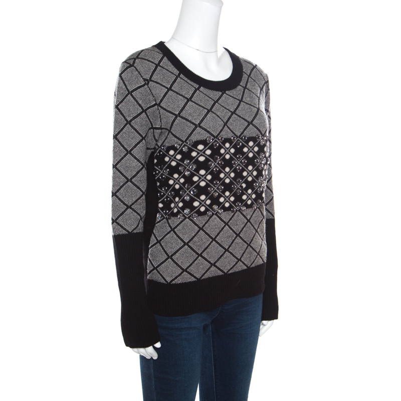 

Sonia Rykiel Monochrome Diamond Pattern Wool Embellished Crew Neck Sweater, Black