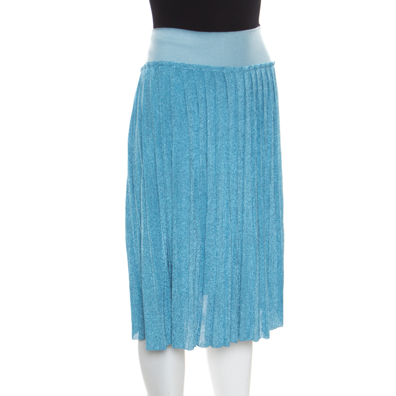 Sonia Rykiel Metallic Blue Ribbed Waist Pleated Midi Skirt S