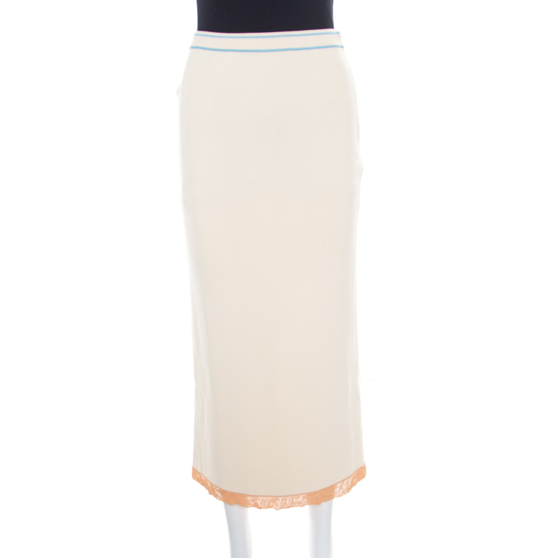Image of Sonia Rykiel Cream Knit Contrast Hem Detail Midi Skirt S