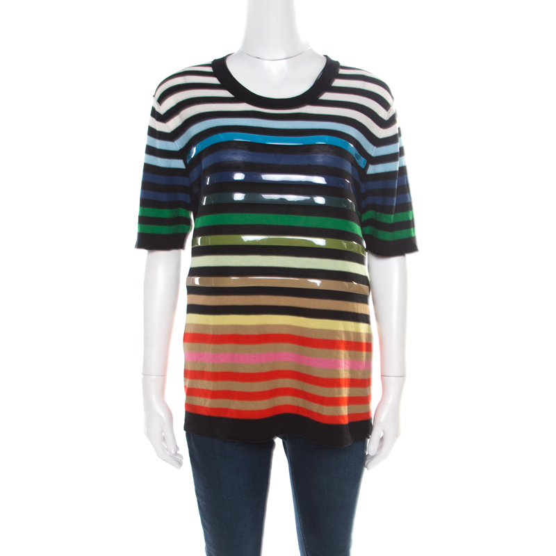 Sonia rykiel multicolor striped cotton and silk vinyl strip detail top m