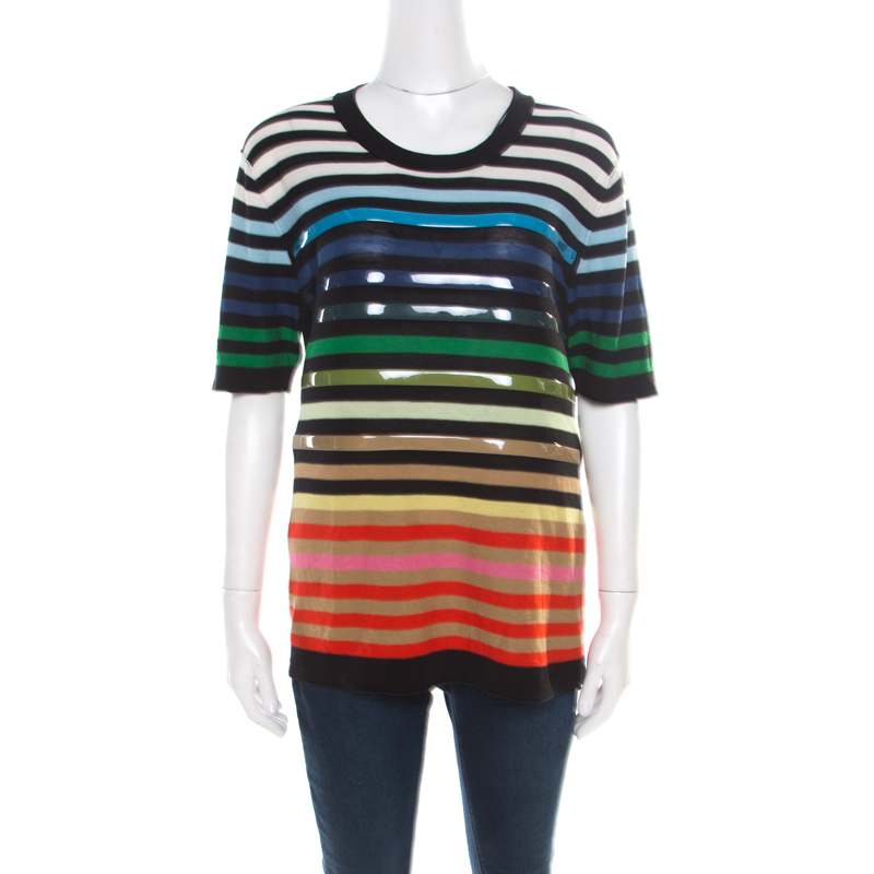 Sonia Rykiel Multicolor Striped Cotton And Silk Vinyl Strip Detail Top M