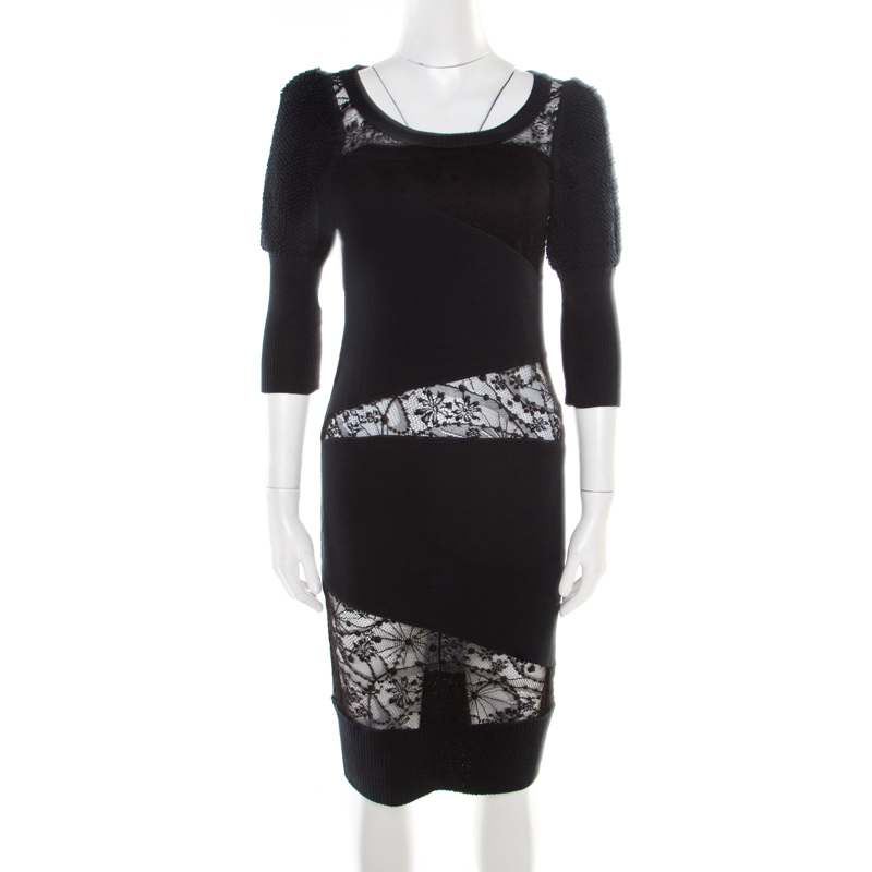 

Sonia Rykiel Green and Black Lace Paneled Textured Sleeve Detail Sheath Dress