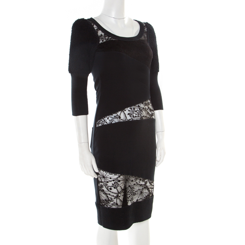 Sonia Rykiel Green and Black Lace Paneled Textured Sleeve Detail Sheath Dress S