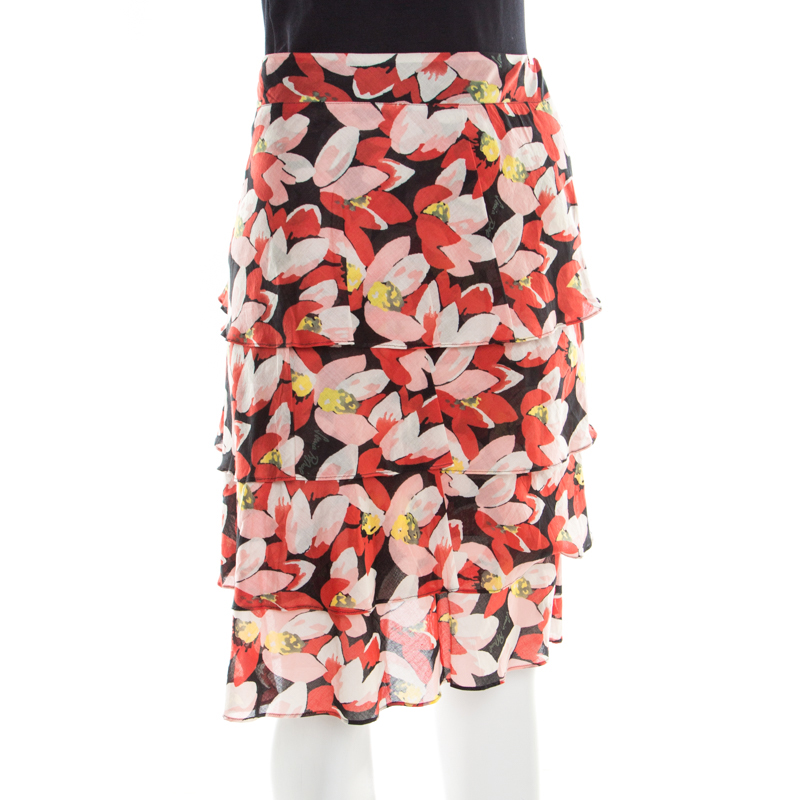 Sonia Rykiel Multicolor Floral Printed Cotton Tiered Skirt L