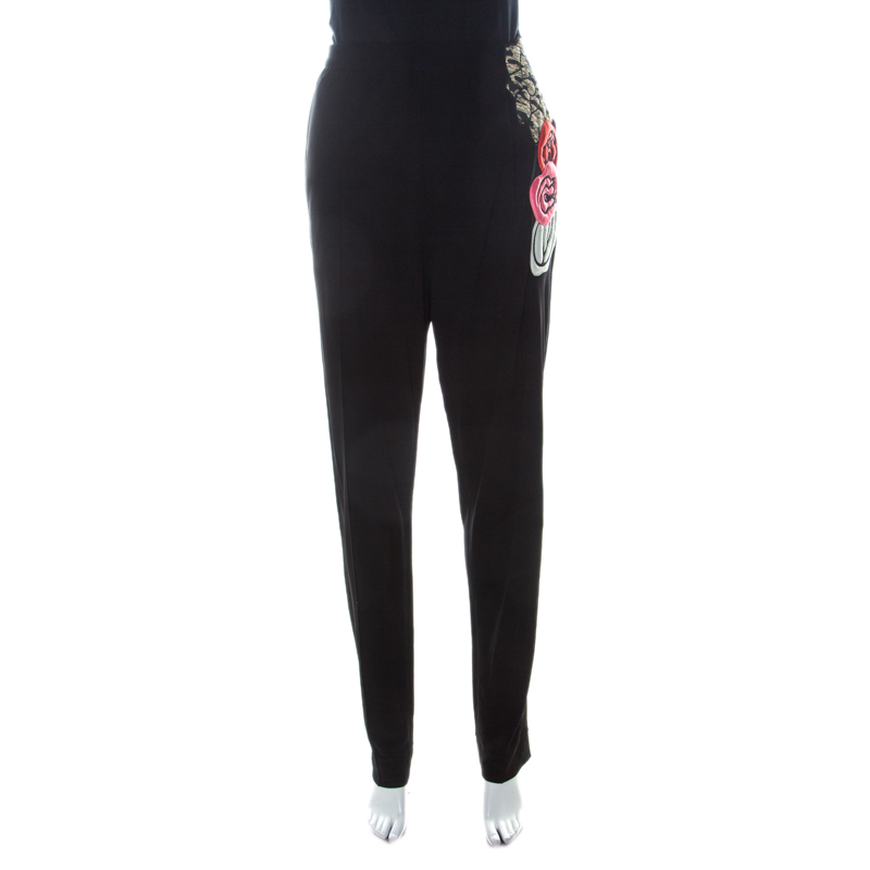 Image of Sonia Rykiel Black Jersey Floral Applique Fitted Pants L