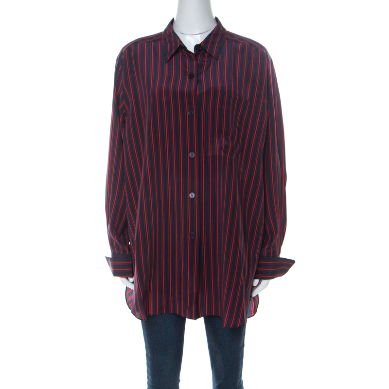 Image of Sonia Rykiel Navy Blue & Red Striped Silk Crepe De Chine Shirt XL