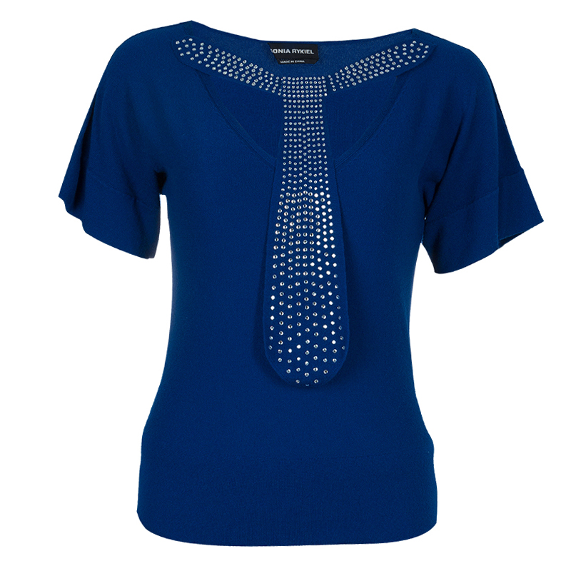 Image of Sonia Rykiel Blue Knit Short Sleeve Embellished Tie Detail Top S