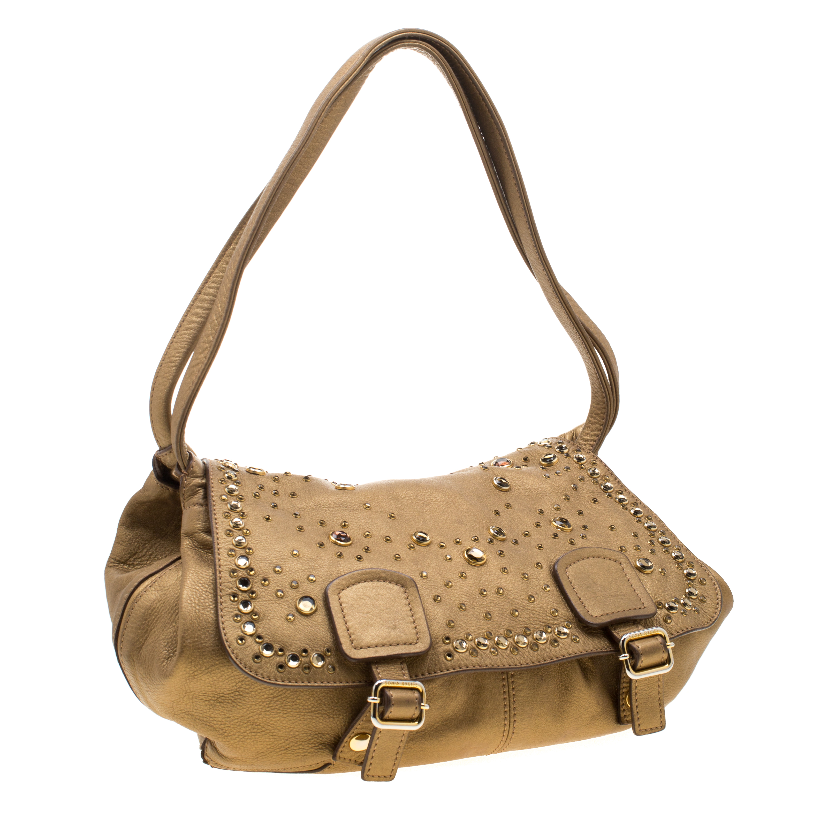 Sonia Rykiel Metallic Gold Leather Studded Shoulder Bag