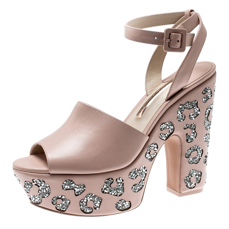Image of Sophia Webster Beige Leather Havisham Crystal Embellished Leopard Design Ankle Strap Platform Sandals Size