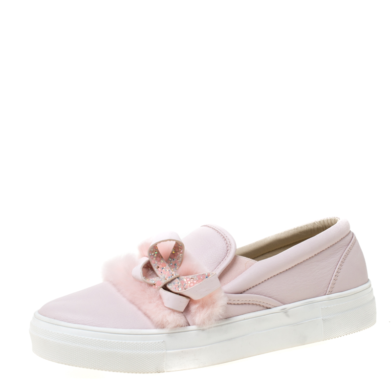 Image of Sophia Webster Pink Leather And Faux Fur Bella Embellished Bow Slip On Sneakers Size
