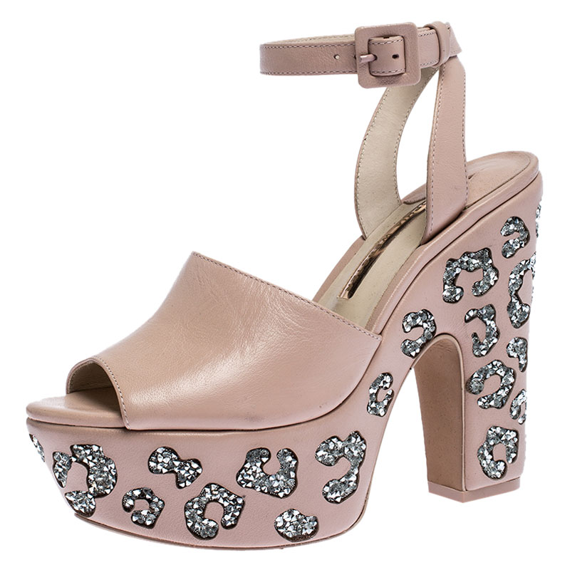 Image of Sophia Webster Beige Leather Embellished Platform Ankle Strap Sandals Size .