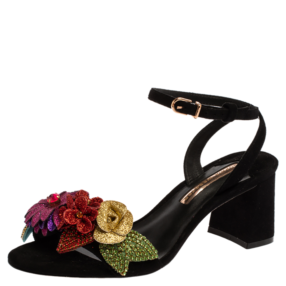 Image of Sophia Webster Black Suede Lilico Crystal And Glitter Embellished Ankle Strap Sandals Size