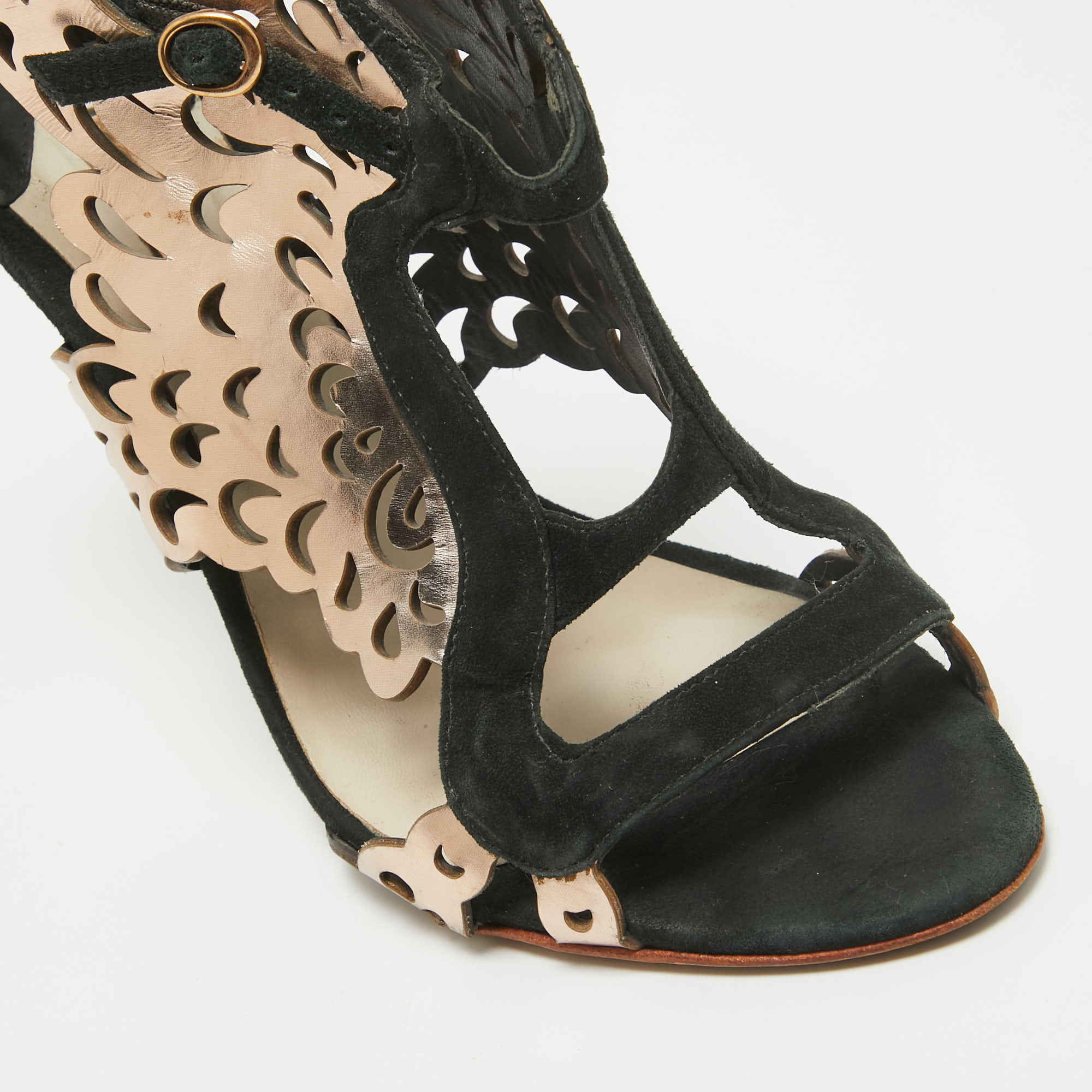 Sophia Webster Dark Green/Rose Gold Suede And Leather Laser Cut Parisa Sandals Size 38