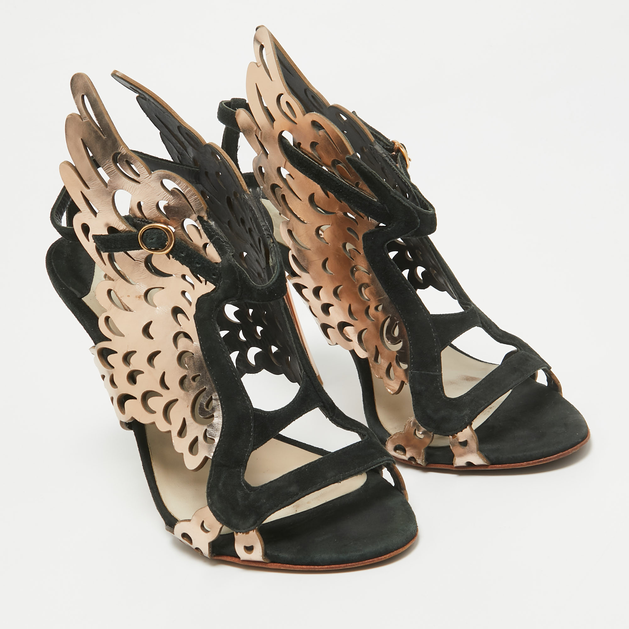 Sophia Webster Dark Green/Rose Gold Suede And Leather Laser Cut Parisa Sandals Size 38