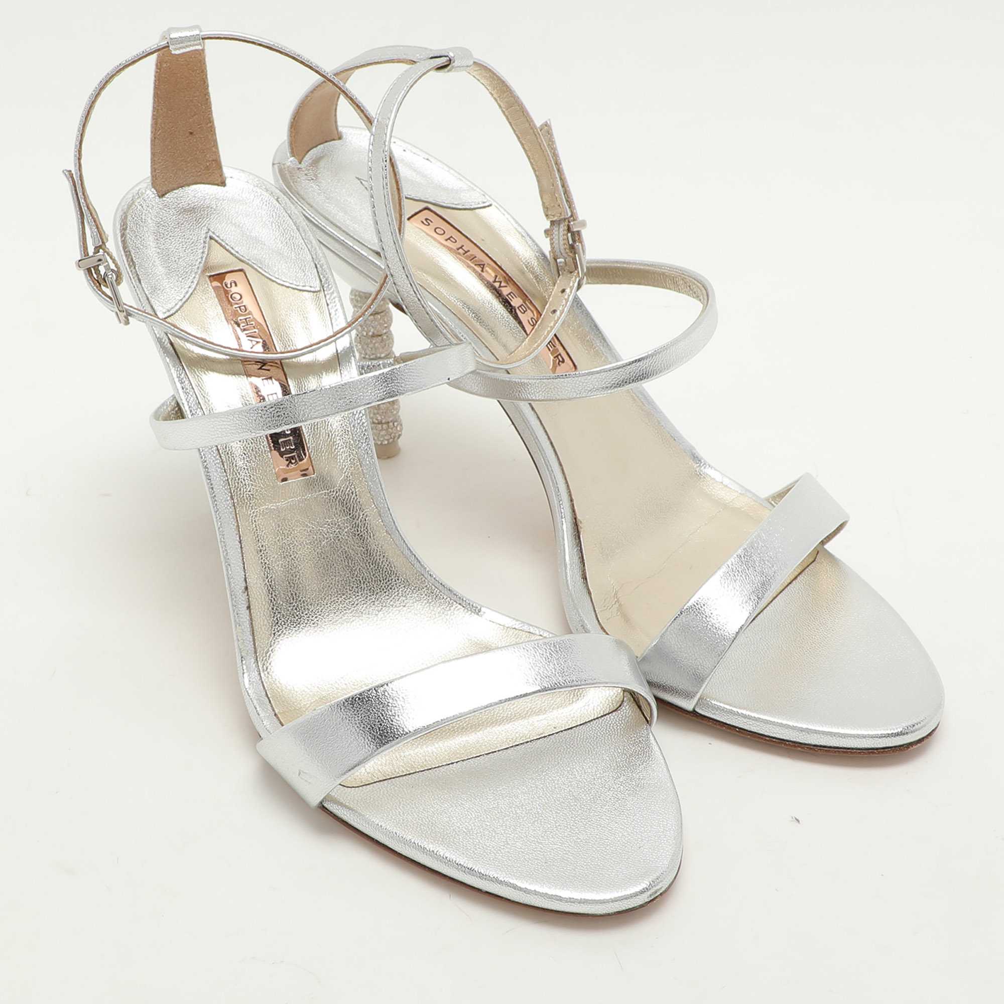 Sophia Webster Silver Leather Rosalind Crystal Heel Ankle Strap Open Toe Sandals Size 40