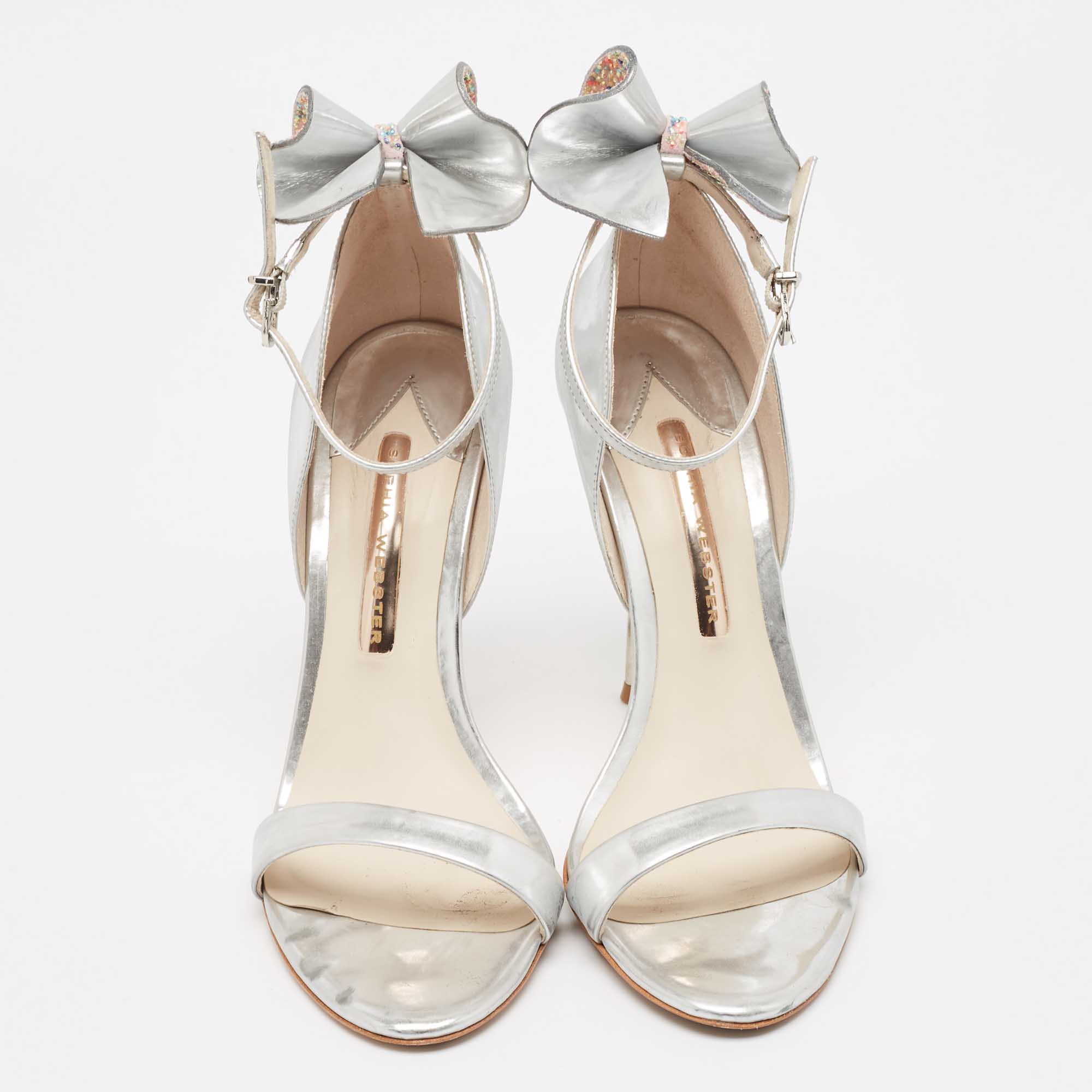 Sophia Webster Silver Leather Chiara Bow Ankle Strap Sandals Size 39