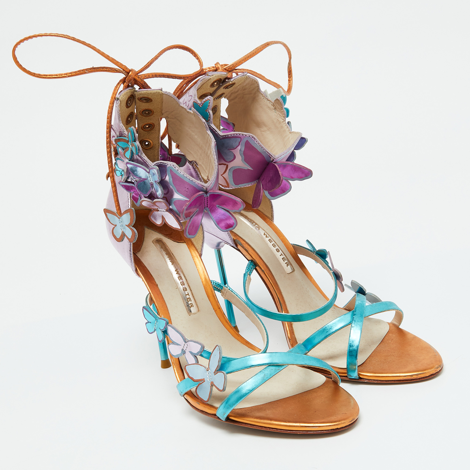 Sophia Webster Metallic Multicolor Leather Harmony Butterfly Ankle Cuff Sandals Size 40