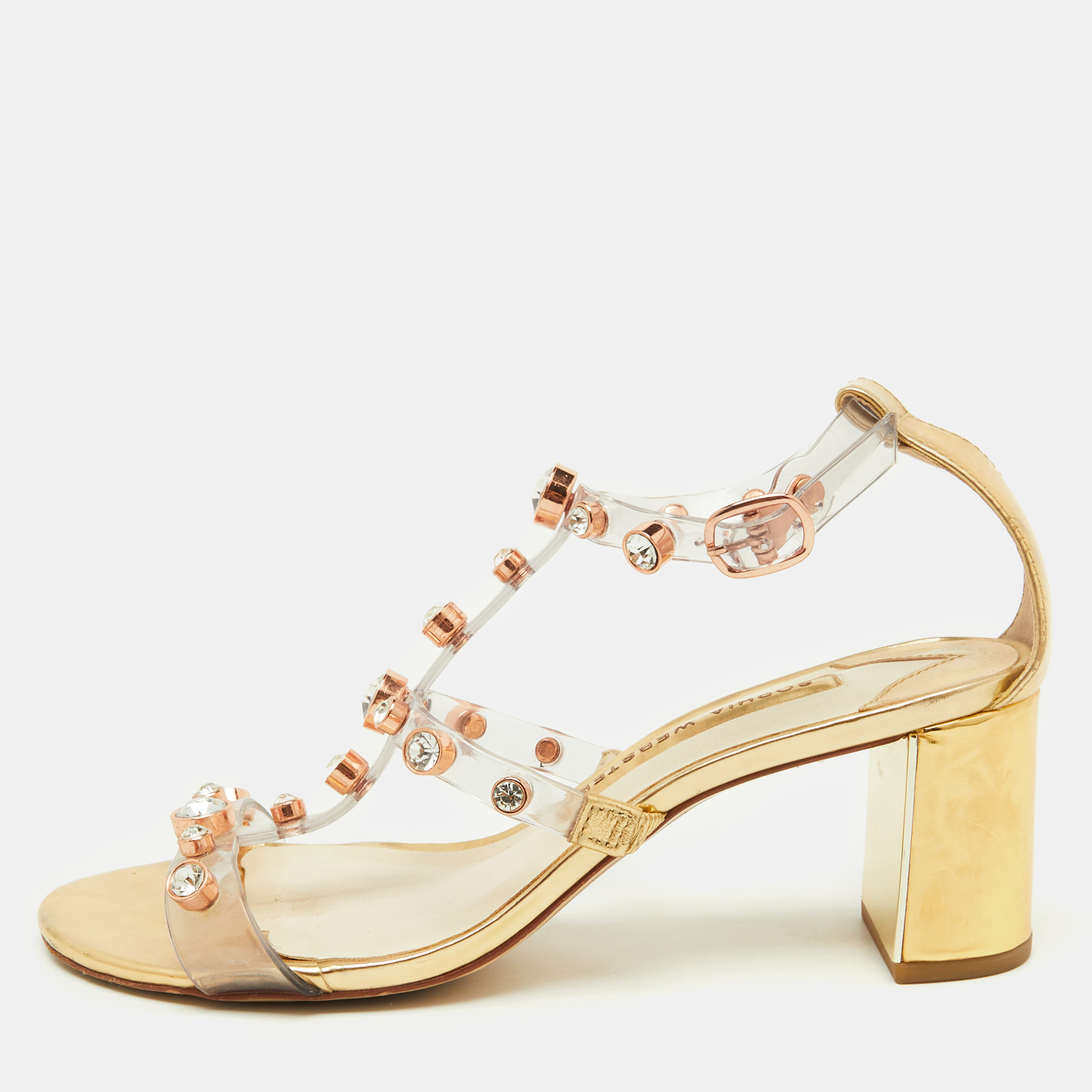 Sophia Webster Transparent/Gold PVC and Leather Crystal Studded Ankle Strap Sandals Size
Sophia Webster Transparent/Gold PVC and Leather Crystal Studded Ankle Strap Sandals Size