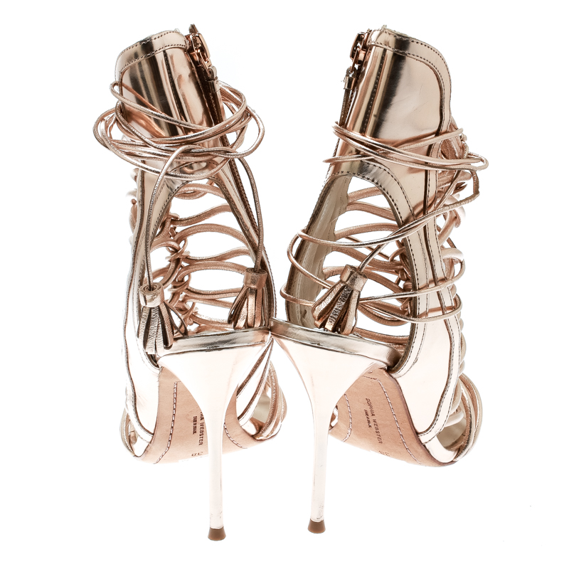 Sophia Webster Metallic Rose Gold Leather Lacey Tie Up Sandals Size 38