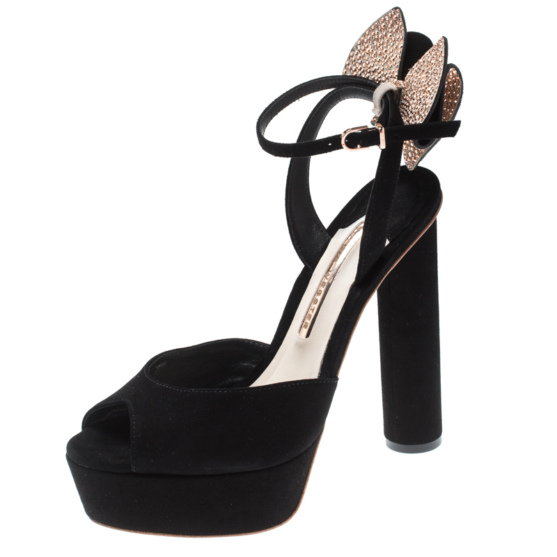 Image of Sophia Webster Black Suede Raye Bow Ankle Strap Platform Sandals Size .