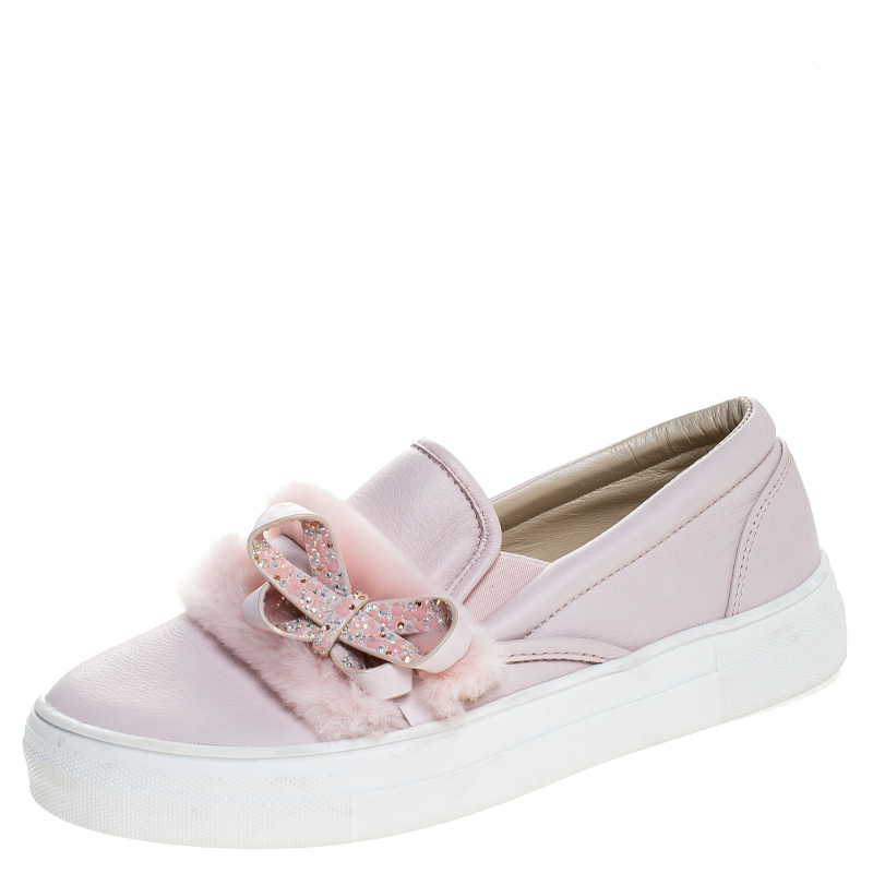 Image of Sophia Webster Pink Leather And Fur Embellished Bow Slip On Sneakers Size