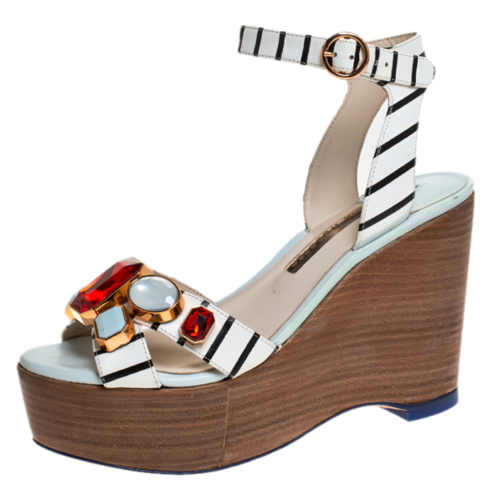 Sophia webster white/black striped leather suki gem embellished wedge platform sandals size 37.5