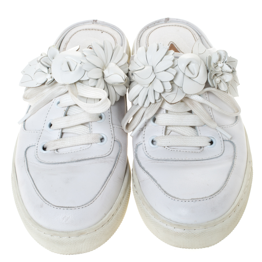 Sophia Webster White Leather Flower Embellished Mule Sneakers Size 36.5