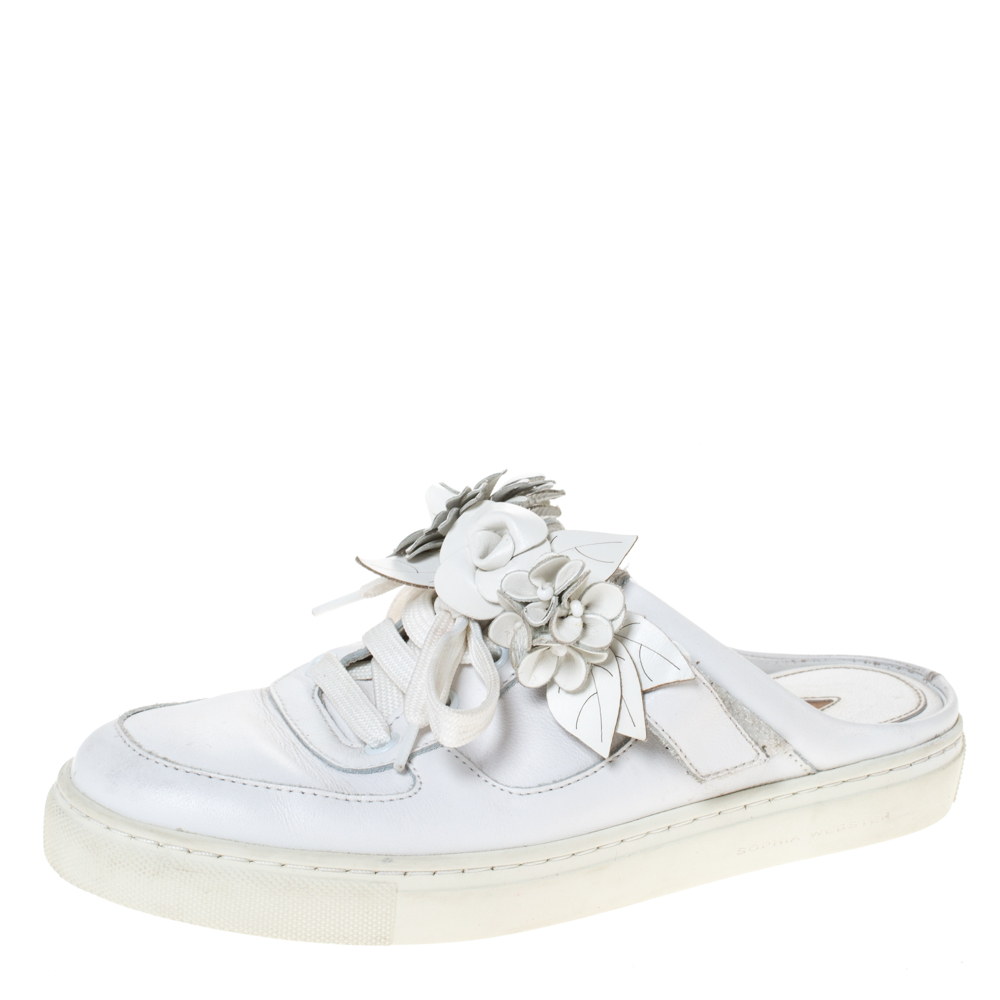 Sophia Webster White Leather Flower Embellished Mule Sneakers Size 36.5