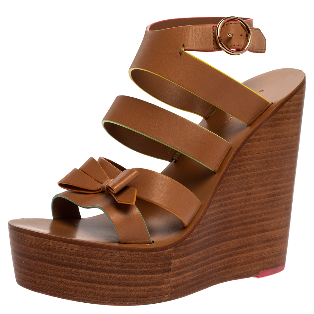 Image of Sophia Webster Brown Leather Samara Strappy Wedge Platform Ankle Strap Sandals Size .