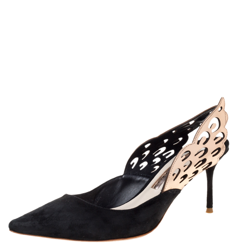 Image of Sophia Webster Black Suede Angelo Slingback Pointed Toe Sandals Size