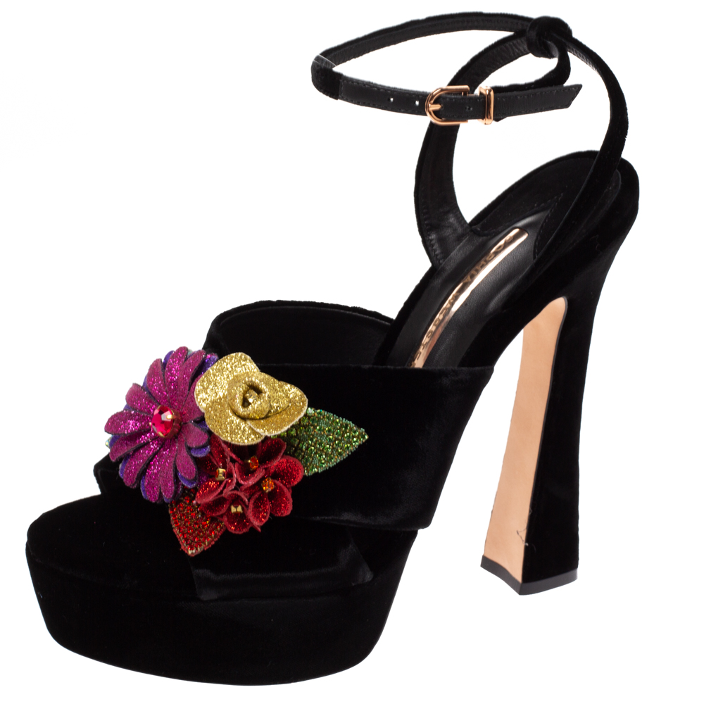 Image of Sophia Webster Black Velvet Flower Embellished Platform Ankle Strap Sandals Size .