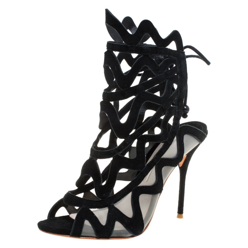 Image of Sophia Webster Black Suede and Mesh Mila Cage Sandals Size .