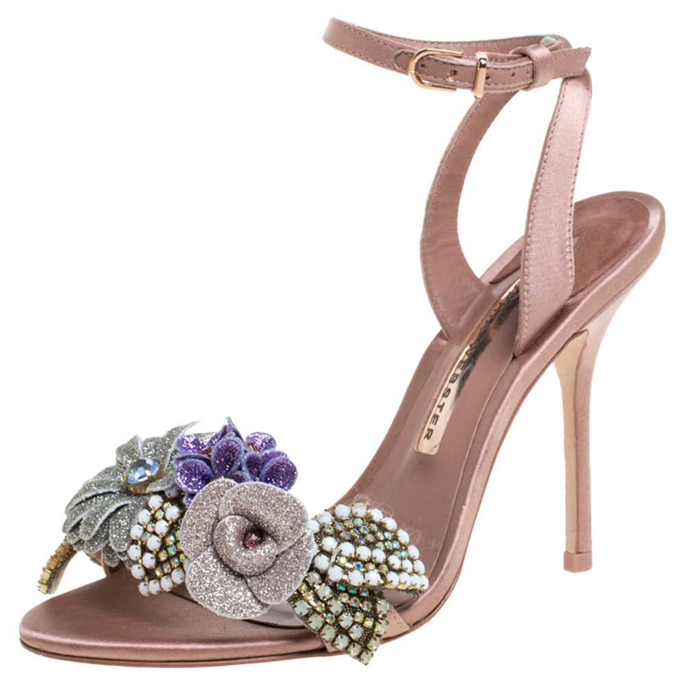 Image of Sophia Webster Beige Satin And Glitter Flower Lilico Ankle Wrap Sandals Size