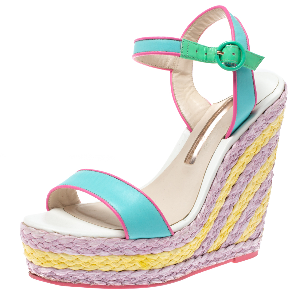 Image of Sophia Webster Multicolor Leather Lucita Raffia Wedge Platform Ankle Strap Sandals Size
