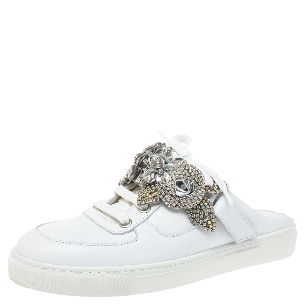 Image of Sophia Webster White Leather Flower Embellished Lilico Jessie Mule Sneakers Size .