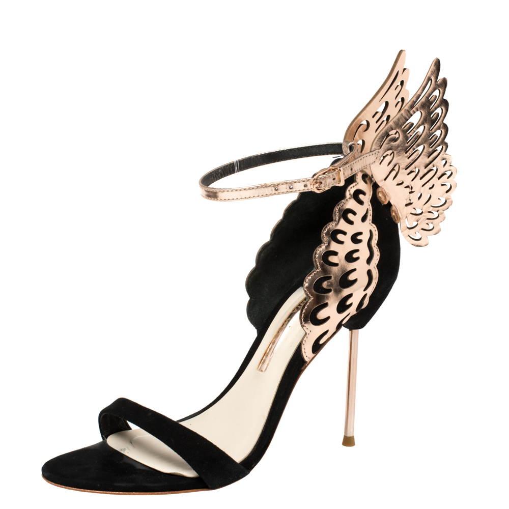 Image of Sophia Webster Black/Rose Gold Suede and Leather Evangeline Open Toe Sandals Size